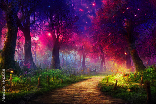 Fantasy pathway wooden scenery landscape with trees and dramatic lighting. Digital artwork.