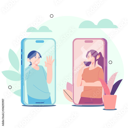 video calls with loved ones. video call in the morning. greet people in the morning. Vector Illustration