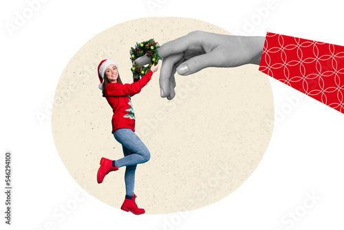 Creative collage image of little girl black white gamma hold put xmas wreath big arm finger instead ring isolated on painted background