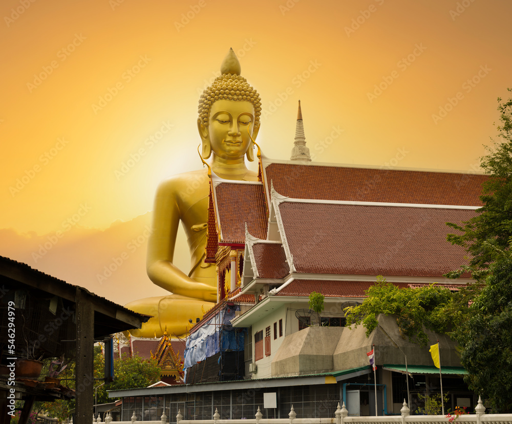 Bangkok's tallest Buddha statue at sunset. Visible up close on a long