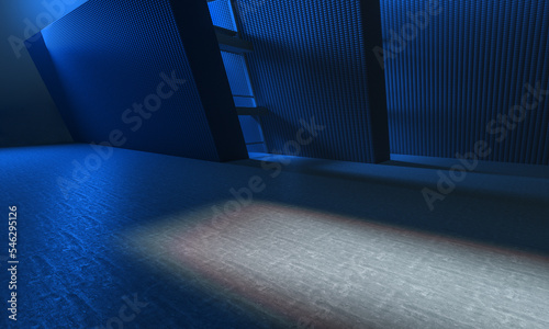 High View blue wall with rays. Background of an empty corridor, parking, airport with ambient light. Abstract background with lines and glow. concrete asphalt, the reflection of lights