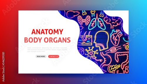 Anatomy Neon Landing Page. Vector Illustration of Medical Science Symbol.