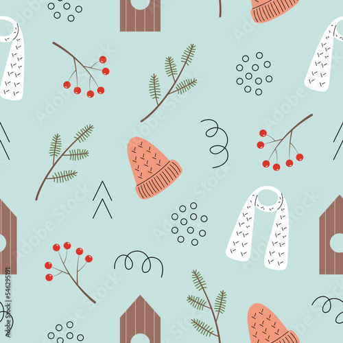 Seamless pattern with different cozy winter elements. Vector illustration in pastel blue color