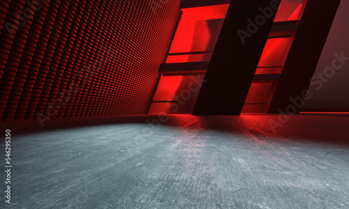 Close up red wall with rays. Background of an empty corridor, parking, airport with ambient light. Abstract background with lines and glow. concrete asphalt, the reflection of lights 