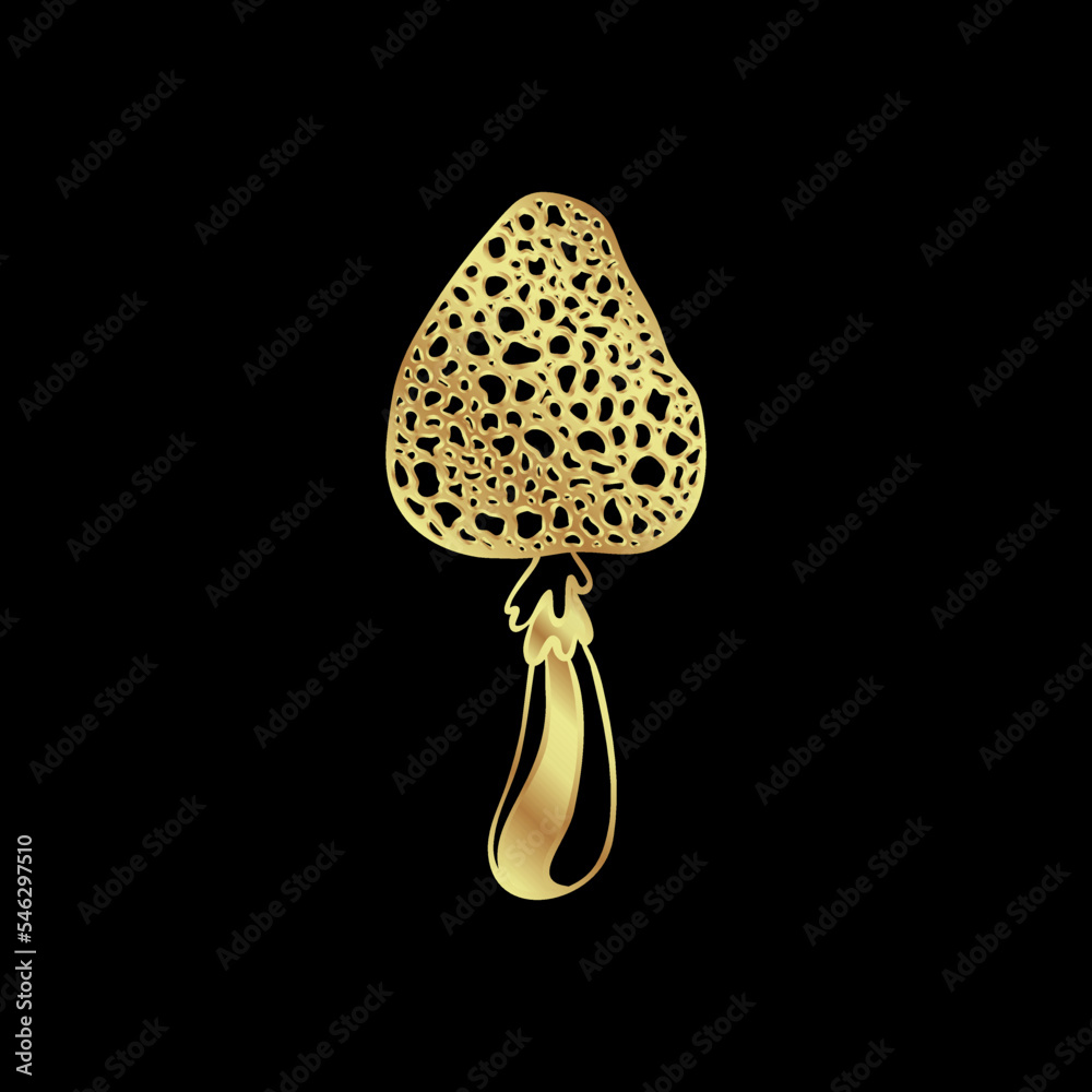 Magic mushrooms. Psychedelic hallucination. Gold vector illustration isolated on black. 60s hippie art. Coloring book for kids and adults.