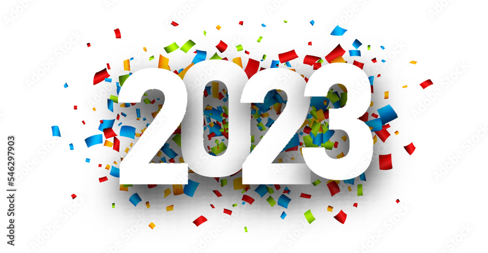 Fototapeta premium White paper 2023 sign on colorful confetti background.