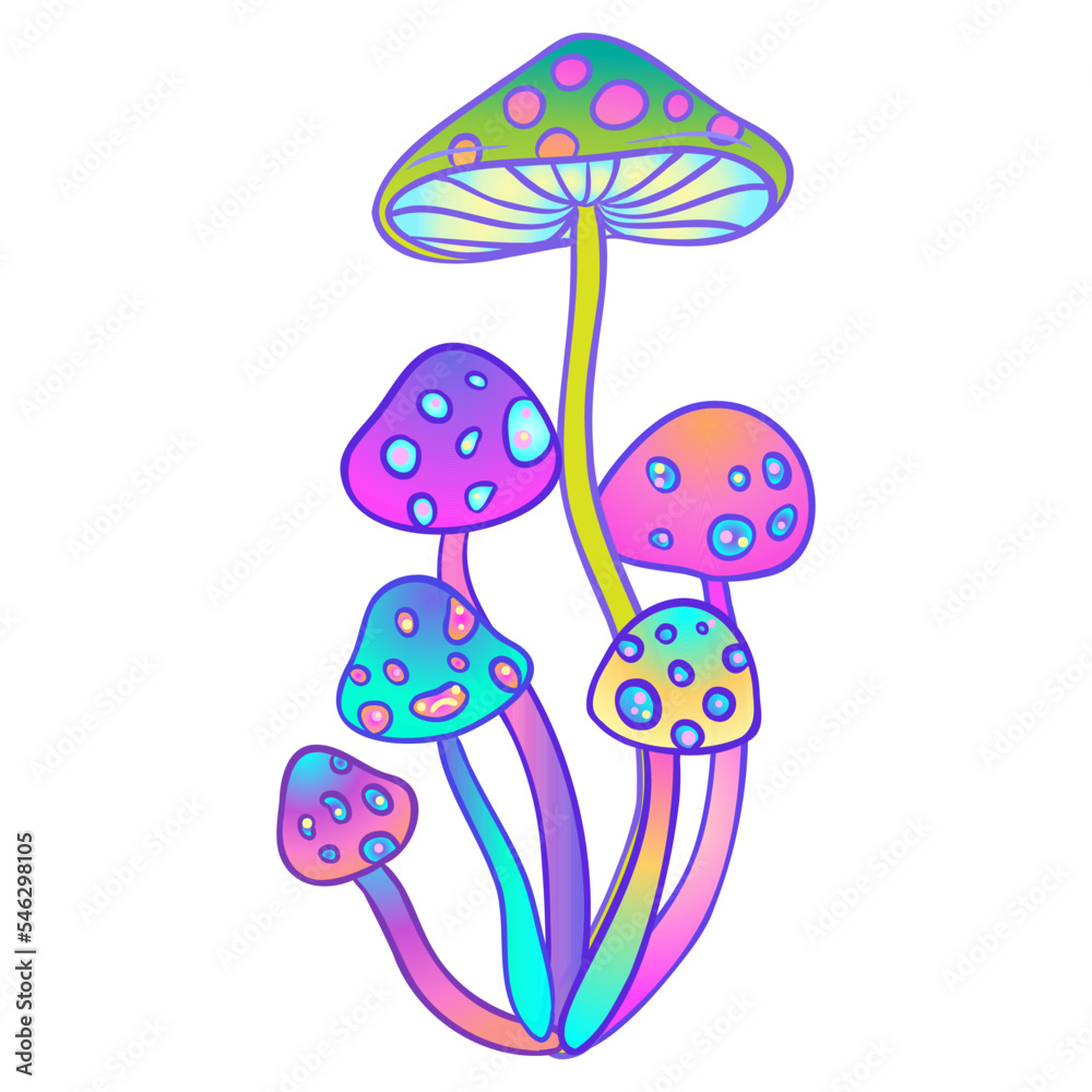 Magic mushrooms. Psychedelic hallucination. Vibrant vector illustration isolated on white. 60s hippie colorful art in vivid acid colors. Sticker, patch, poster graphic design. Magic mushrooms. Psychedelic hallucination. Vibrant vector illustration isolated on white. 60s hippie colorful art in vivid acid colors. Sticker, patch, poster graphic design.