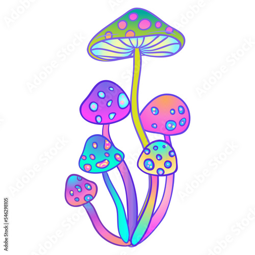Magic mushrooms. Psychedelic hallucination. Vibrant vector illustration isolated on white. 60s hippie colorful art in vivid acid colors. Sticker, patch, poster graphic design.