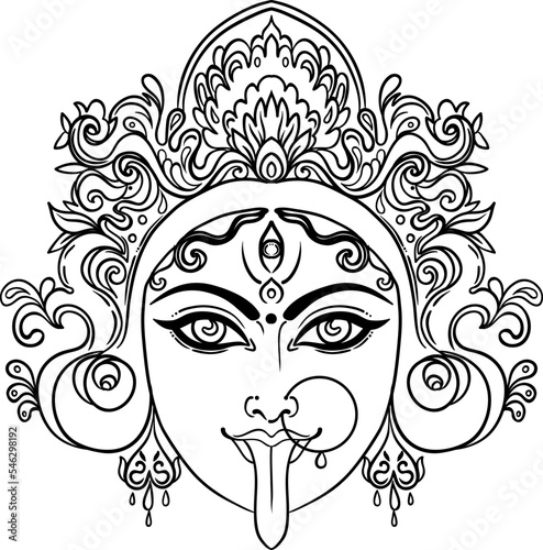 Portrait of Indian Hindi goddess Kali. Female blue head with open moth and out stuck tongue. Destroyer of evil forces. Diety, spiritual art. Occultism and witchcraft. Vector isolated illustration.