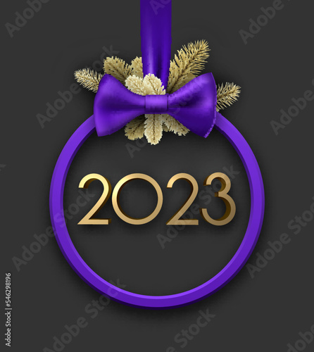 Hanging violet christmas bauble outline with 2023 sign.