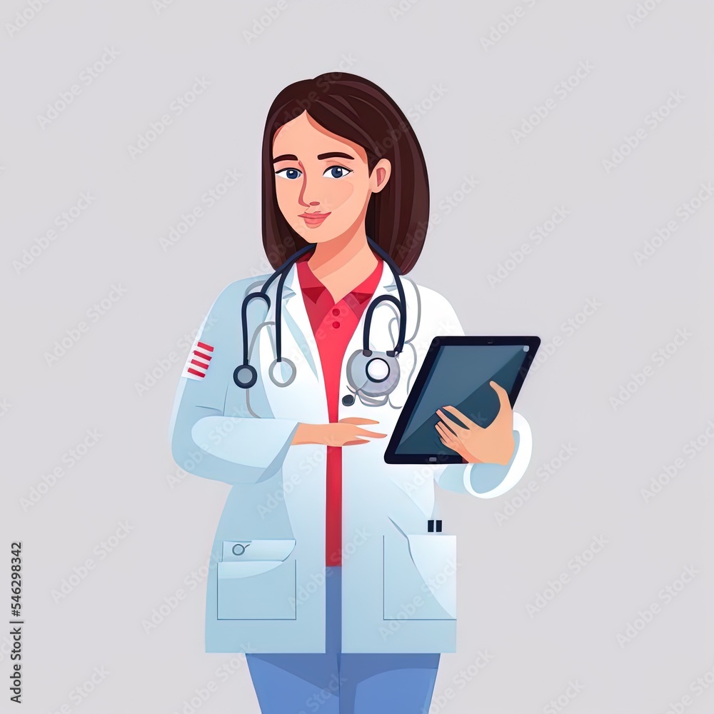 Portrait of a female doctor in uniform with a tablet and a stethoscope on a white background. 2r illustrated flat image. Portrait of a female doctor in uniform with a tablet and a stethoscope on a white background. 2r illustrated flat image.