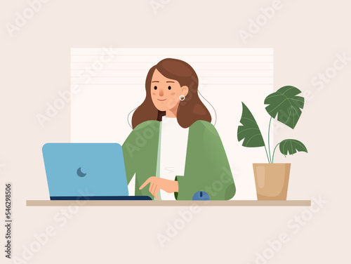 Working girl with computer on table. Vector illustration