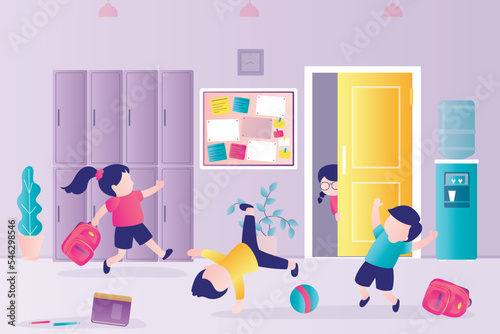 Time break in elementary school, children play active games - run, jump in the school corridor. Cute and funny pupils. Classmates playing together. School interior with furniture.