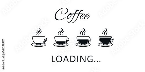 Vector illustration. Card sticker poster template with coffee loading text. Java time concept. Cups of coffee icons with caffeine downloading on white background