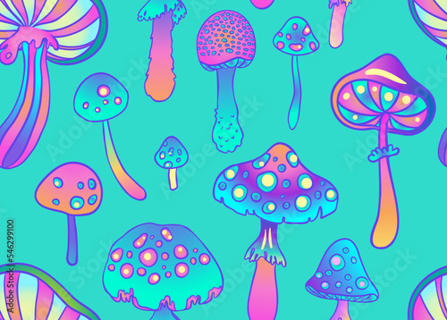 Magic mushrooms seamless pattern. Psychedelic hallucination. 60s hippie colorful art. Vintage psychedelic textile, fabric, wrapping, wallpaper. Vector repeating illustration.