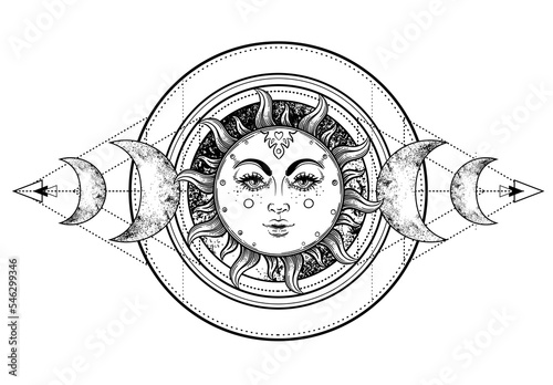 Sun and Triple moon pagan Wicca moon goddess symbol. Three-faced Goddess: Maiden – Mother – Crone isolated vector illustration. Tattoo, astrology, alchemy, boho and magic symbol. Coloring book..