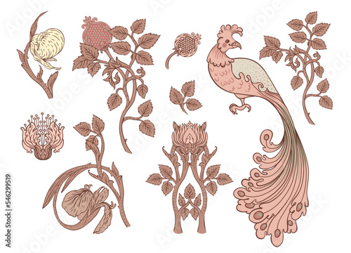 Nature vintage elements. Enchanted Vintage Flowers and bird. Arts and Crafts movement inspired. Vector design elements. Isolated on white.