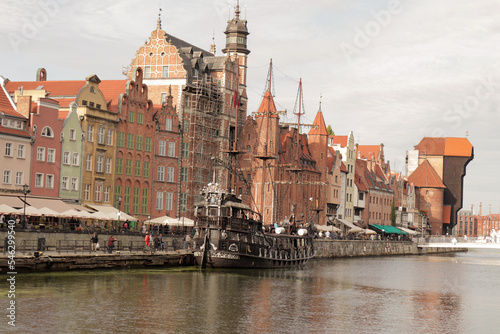 near old town of Gdansk  ships on the river named motlawa