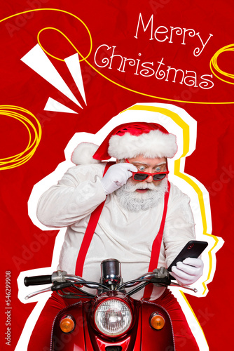 Vertical collage x-mas picture of impressed aged santa sit moped bike stare telephone merry christmas text isolated on painted background