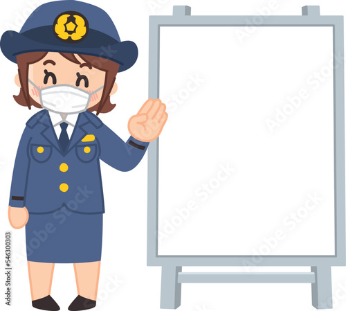 案内するマスクをした婦人警官とホワイトボード