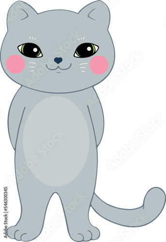Cute shy grey cat with pink cheeks. Cat isolated on white background. Cartoon style. Simple and childish character. Hand drawn vector art