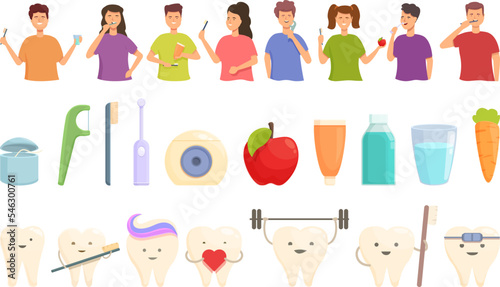 Pediatric dentistry icons set cartoon vector. Implant teeth. Medical tooth