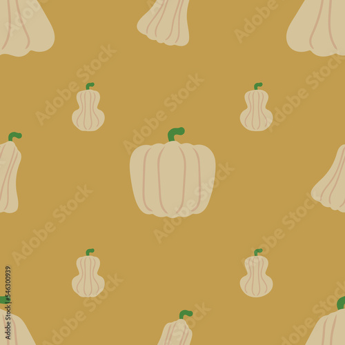 Autumn pattern with white pumpkins. Concept of seamless pattern for design of menu banner websites. Vector illustration. Image of pumpkins isolated on colored background. Design element