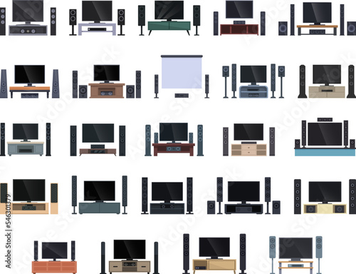 Home theater icons set cartoon vector. Computer speaker. Audio cd