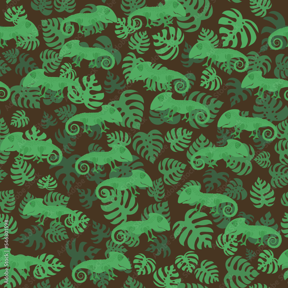 Fototapeta premium Green Chameleon and Monstera Leaves Isolated on Brown Background. Tropical Seamless Pattern.