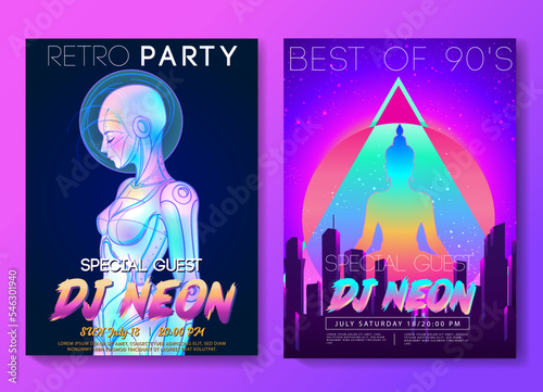 Portrait of robot android woman in retro futurism style. Vector illustration of a cyborg in glowing neon bright colors. futuristic synth wave flyer template. Cyber technology.
