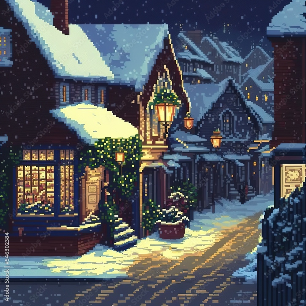 Pixel Christmas snow evening on a old cozy city street. Snowfall. Warm ...