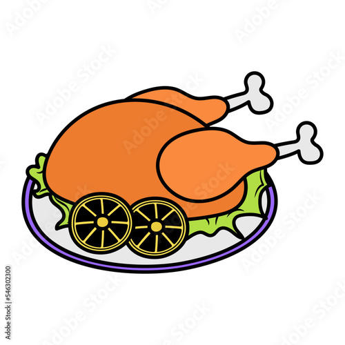 roasted chicken Platter Concept, Tender and Juicy whole Turkey vector color icon design, Poultry farming symbol, Meat or Eggs Production Sign, Protein and farmyard equipment stock illustration