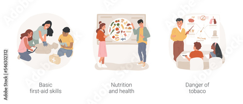 Teaching healthy lifestyle isolated cartoon vector illustration set. Basic first-aid lesson, teaching nutrition and health at school, danger of tobacco, unhealthy habits awareness vector cartoon.