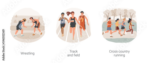 Sport and fitness in high school isolated cartoon vector illustration set. Wrestling high school competition, power training, track and field training, cross country running vector cartoon.