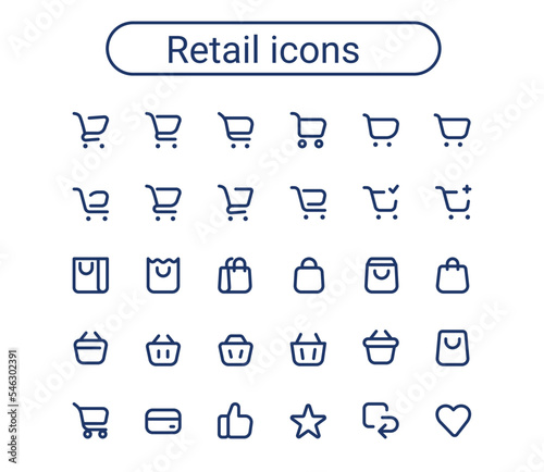 Shopping cart, shopping bag and grocery basket vector icon set. Editable stroke. Webshop small mini line round icons.
