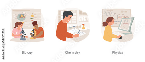Science in high school isolated cartoon vector illustration set. Biology lesson, teacher explain cell, chemistry class, lab experiment, study physics, high school curriculum vector cartoon.
