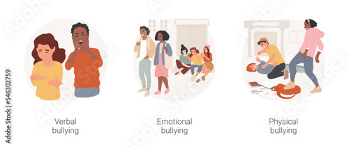 School bullying isolated cartoon vector illustration set. Verbal harassment, emotional bullying problem, whispering behind back physical attack on school child, children fighting vector cartoon.