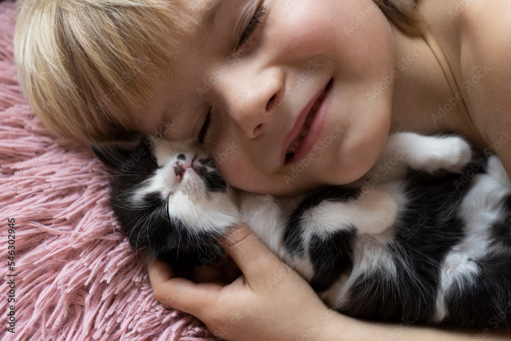 close-up of the face of a preschooler boy lies in an embrace with a cute sleeping kitten. cat day. Happy childhood with a fluffy pet. Love for cats. Comfort and tenderness of pets
close-up of the face of a preschooler boy lies in an embrace with a cute sleeping kitten. cat day. Happy childhood with a fluffy pet. Love for cats. Comfort and tenderness of pets