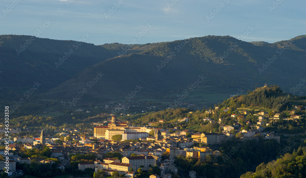 Panorama of the city 07000 Privas France Europe Gateway to the Ardeche in the morning sun