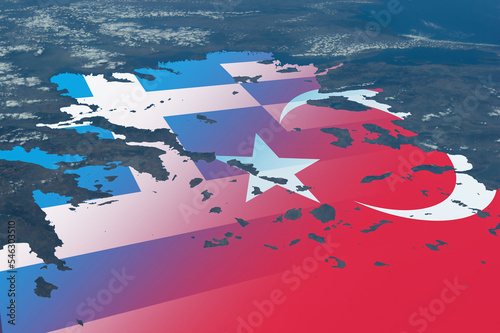 Turkey vs Greece. Turkiye and Greece conflict or military crisis concept photo. Elements of this image furnished by NASA.