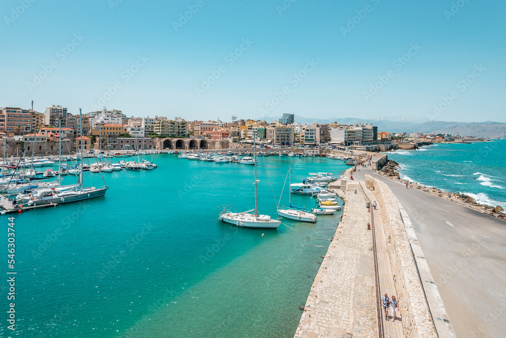 Heraklion harbour, crete island, greece: old venetian port and fortress of the biggest cretan city