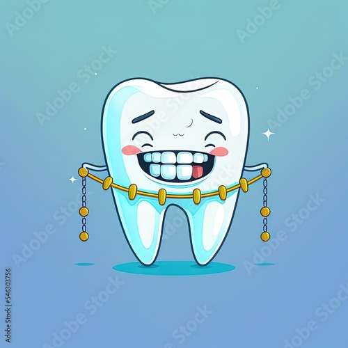 Funny tooth in braces 2r illustrated cartoon character isolated on background. photo