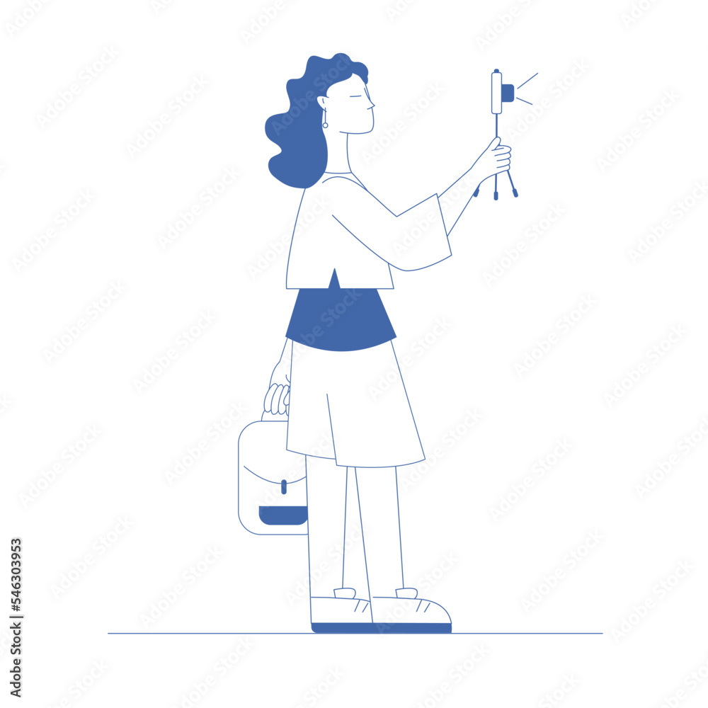 Fototapeta premium Woman tourist taking photos on a trip. Tourism concept. Vector illustration in outline style