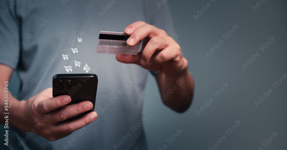 credit card for online shopping, entering number to make payment, buying items, holding the debit card for internet banking account with cart icons. credit card for online shopping, entering number to make payment, buying items, holding the debit card for internet banking account with cart icons.