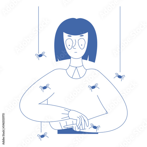 Frightened woman with big eyes and fear of spiders. Arachnophobia. Vector illustration in outline style
