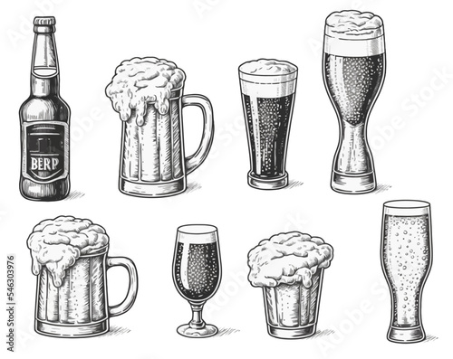 Sketch beer, Beer glasses, mugs and bottles beer. A large set isolated on a white background. Vector illustration