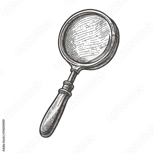 Engraved magnifying glass. Vector illustration