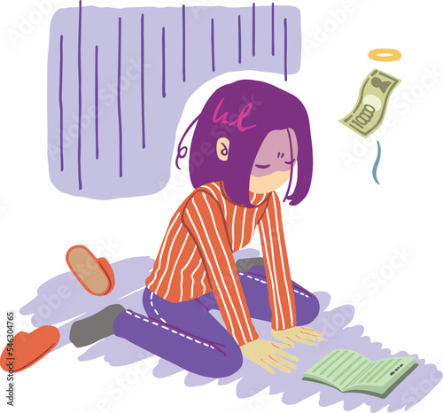 通帳を見て落ち込む女性のイラスト