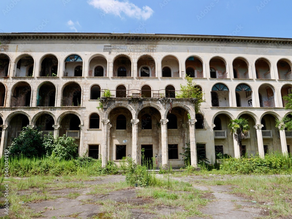 Facade of abandoned Soviet sanatorium Iveria in Tskaltubo, Georgia.