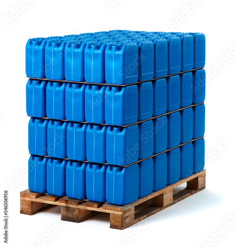 Blue plastic Can on wooden pallet